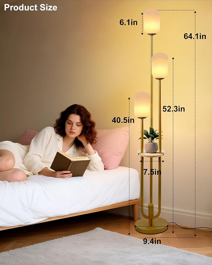 Lightdot Gold Dimmable Floor Lamp with Shelf Modern Floor Lamps with Oval Striped Lampshade 3000K Bulb Included 3-Lights Candle Holder Style Tall Lamp for Living Room/Bedroom/Sofa Beside/Corner Decor