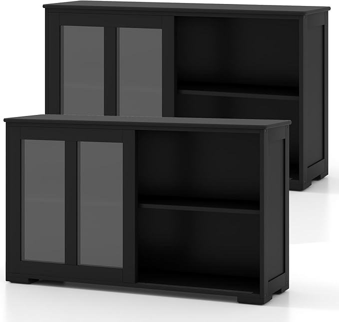 Byroce Sideboard Buffet Cabinet, Stackable Storage Coffee Bar Cabinet with Adjustable Shelf & Glass Sliding Doors, Wood Cupboard Credenza Console Table for Kitchen Dining Living Room (2, Black)