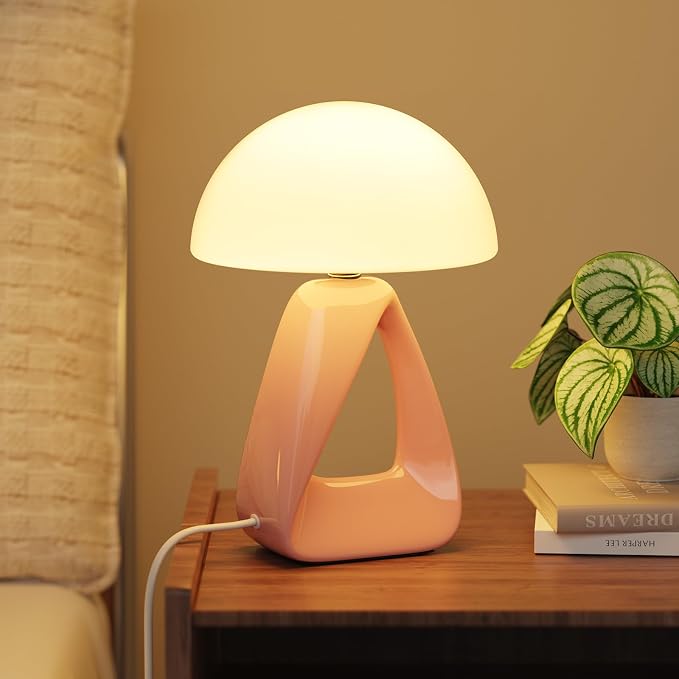 Mushroom Lamp, Small Table Lamp for Bedroom, Creative Geometric Ceramic Base Bedside Lamp, Mid Century Modern Side Table Lamp for Living Room Nightstand, Unique Aesthetic Home Decor Gift Ideas, Pink