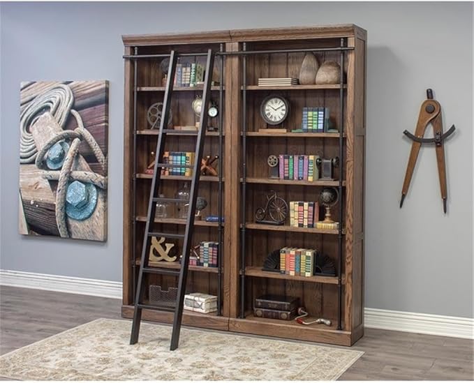 Martin Furniture 80" Traditional Wood Bookcase Wall with Ladder in Brown