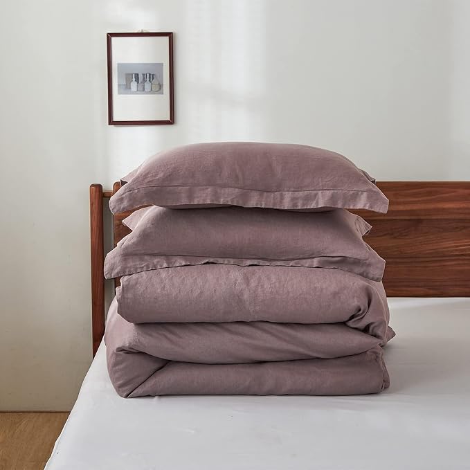 Simple&Opulence 100% Linen Duvet Cover Set, 3 PCS Natural French Flax Purple Duvet Cover Queen Size, Breathable Soft Comfy Linen Bedding Comforter Cover with 2 Pillowcases(Purple, 88"x92")