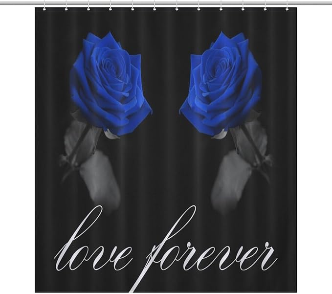 Blue Rose Flower Shower Curtain Vintage Valentine's Day Love Forever Rose Floral Modern Waterproof Shower Curtains for Bathroom Decor 12 Pack Hooks 66x72in（168x183cm）