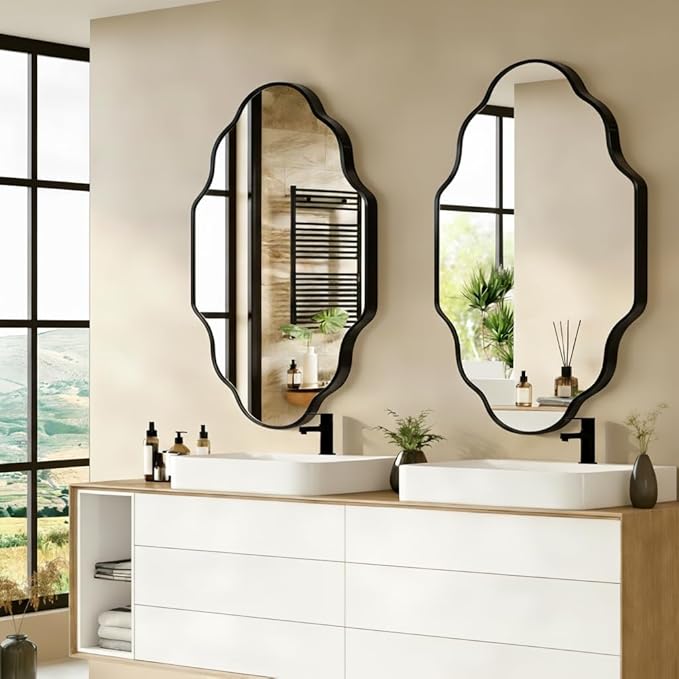 Black Scalloped Bathroom Mirror, Irregular Wall Mirror with Brushed Metal Frame, HD Glass Decorative Mirror for Wall Decor, Vanity Mirror for Bathroom, Bedroom & Entryway (24" x 36", 1 Pack)