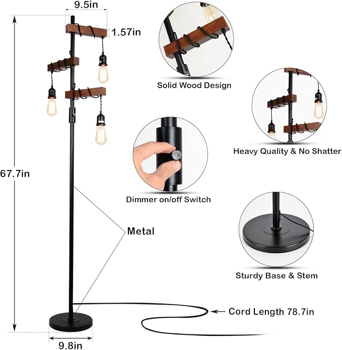 Dimmable Industrial Floor Lamp, Farmhouse Tree Floor Lamp, 68 Inch 3 Lights Wood Standing Lamp, Sturdy Base Tall Vintage Pole Light, Metal Black Floor Lamps for Living Room Bedroom Office Rustic Home