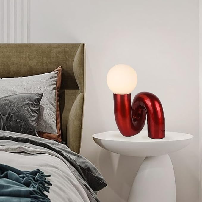 Bauhaus Red Table Lamp Modern Globe Glass Table Light with Glass Shade Resin Aesthetics Light Fixtures for Bedside Bedroom Living Room Kid’s Room Corner Office Cafe