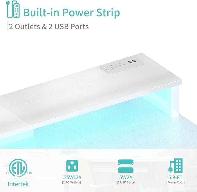 Lufeiya Gaming Desk with LED Lights and Power Outlets, 47 Inch Home Office Desks with Keyboard Tray, White Computer Desk with File Drawers Cabinet, Writing Table PC Desks with Monitor Stand, White