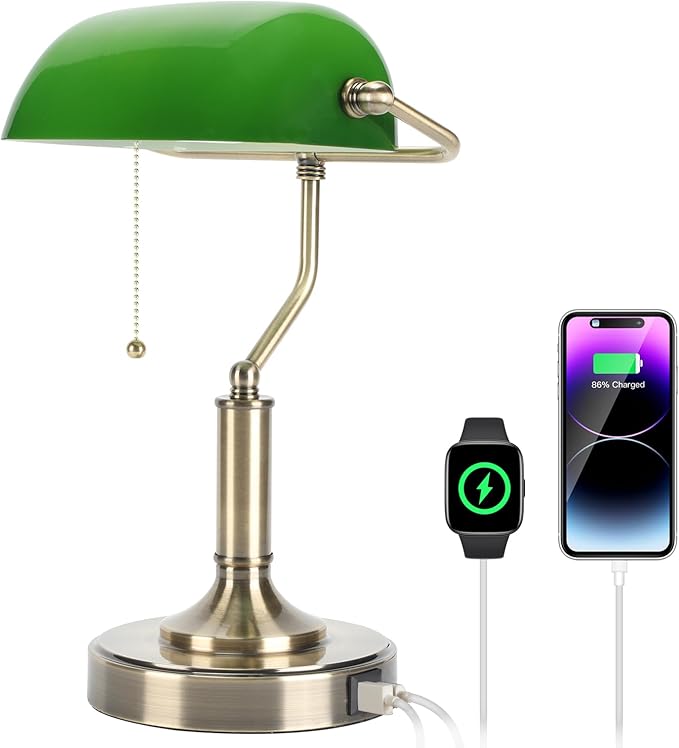LINNMON Bankers Lamp, Green Desk Lamp with Pull Chain Switch, Retro Lamp with USB and Type C Charging Ports, Vintage Lamp for Home Office, Piano, Library (Retro)