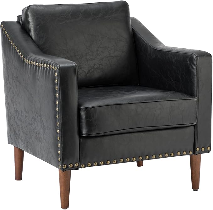 HULALA HOME Faux Leather Accent Armchair with Back & Seat Cushions, Traditional Club Chair with Nailhead Trim, Comfy Upholstered Sofa Chair for Bedroom & Living Room, Black