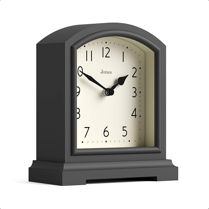 JONES CLOCKS® Tavern Mantel Clock | Modern Arch top Design | Dark Gray | Contemporary Classic Style for Desk, Table, Shelf or Bedside