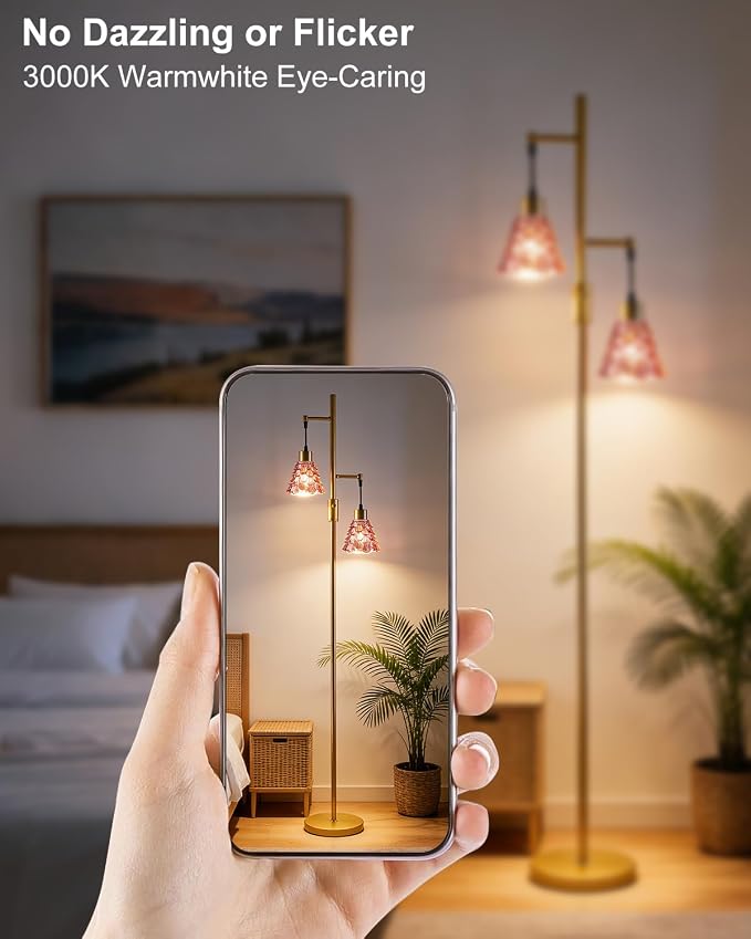 2-Light Modern Glass Floor Lamp, Gold Standing Tall Lamp with Deep Red Shell Glass Shade, Dimmable LED Floor Lamp with 5Lbs Heavy Base for Living Room Bedroom Home Decor, Bulb Included