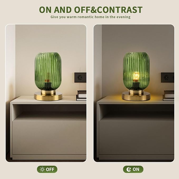 Glass Table Lamp of 2 Mid Century Table Lamps Modern Globe Table lamp Vintage Gold Desk Lamp Nightstand Lamp with Green Ribbed Design Shade for Bedside Bedroom Living Room Offic
