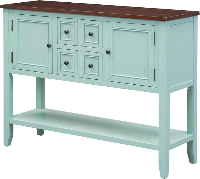 Merax Farmhouse Kitchen Sideboard Cabinet with Door for Entryway, Console Table with Storage Drawers and Shelf for Living Room Dining Room, Wood Narrow Sofa Table, Retro Blue