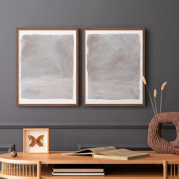 Renditions Gallery Set of 2 Peel & Stick Framed Prints, Watercolor Abstract Wall Art, Neutral Tones Textured Brushstrokes Wall Decor, Re-Stickable - Ready to Hang - 22"x28" - Walnut Frame LT588