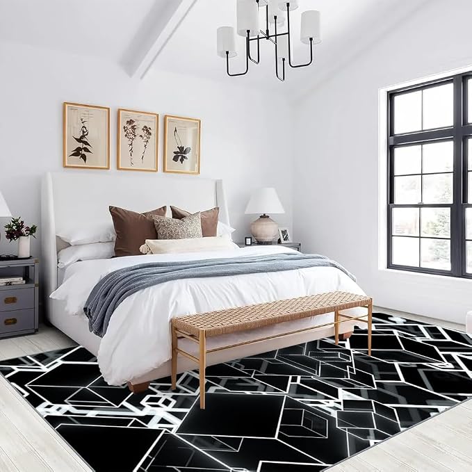 3D Geometric Area Rugs, Black White Block Pattern Carpet, Washable Non Slip Low Pile Soft Rug for Living Room Bedroom Decor Mat 5x7ft