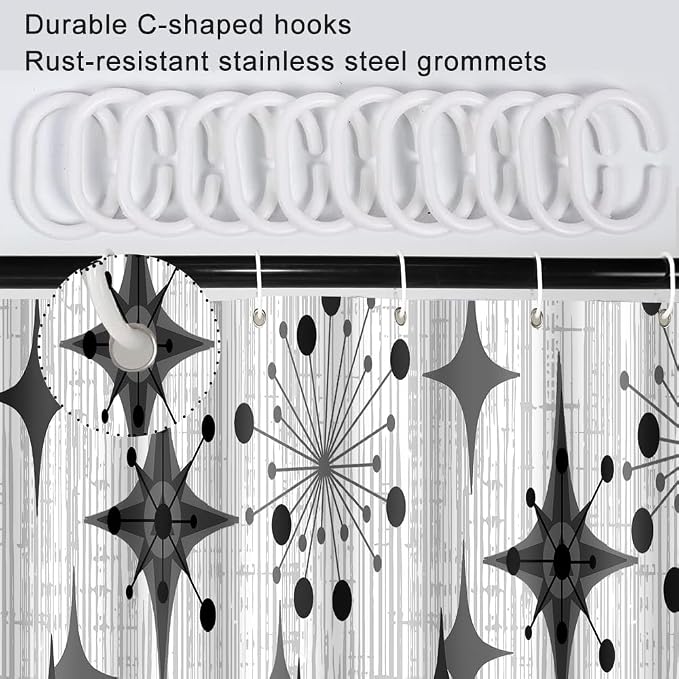 Mid Century Shower Curtain, 72x84inch, Modern Abstract Retro Grey Striped Geometric Shower Curtain Sets 1950s Boho Bathroom Shower Curtain with 12 Hooks