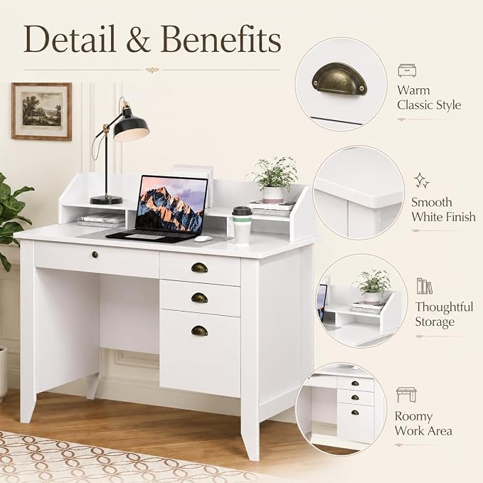 4 EVER WINNER White Desk with Drawers, 47'' Small Desk with File Drawer for Small Spaces, Wood Computer Desk with Monitor Stand for Home Office, Bedroom, White