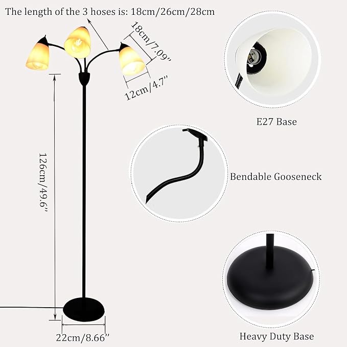 FIRVRE Modern Reading Floor Lamp, 3-Light Floor Lamp Black with Reading Lamp, Adjustable Flexible Tree Standing Lamp for Bedroom Study Room Office, Modern Multi Head Reading Floor Lights, E26 Base