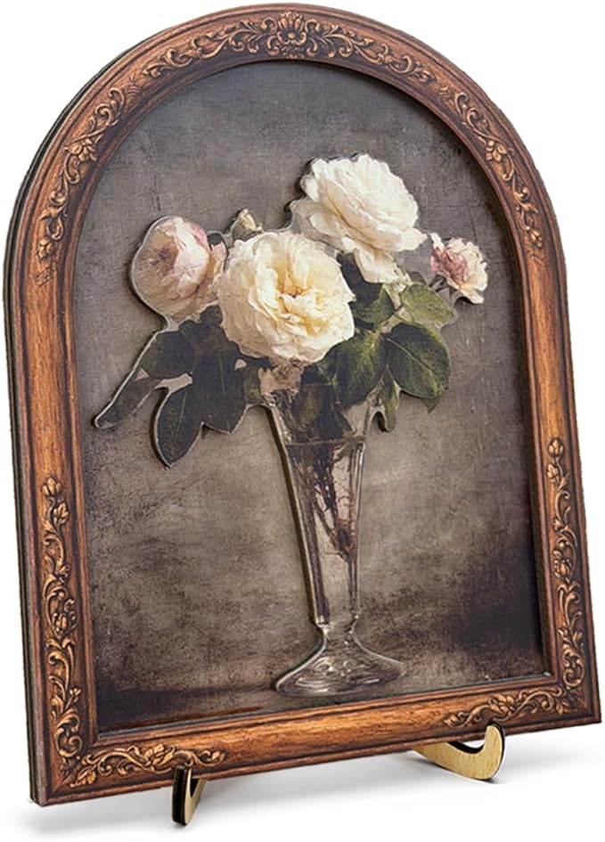 3D Vintage Rose Floral Desk Decor Sign, Vintage Rose Bouquet Glass Vase Framed Wall Art Sign for Home Bedroom Living Room Desk Wall Shelf Rustic Aesthetic Decor 8x10 Inch