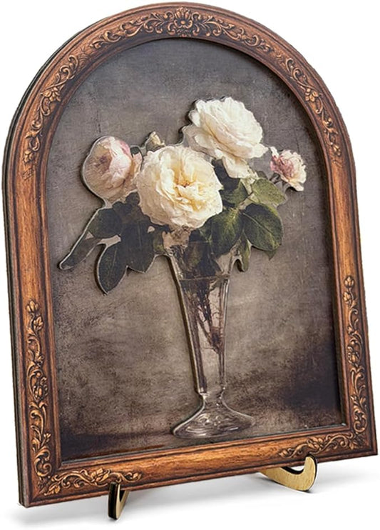 3D Vintage Rose Floral Desk Decor Sign, Vintage Rose Bouquet Glass Vase Framed Wall Art Sign for Home Bedroom Living Room Desk Wall Shelf Rustic Aesthetic Decor 8x10 Inch