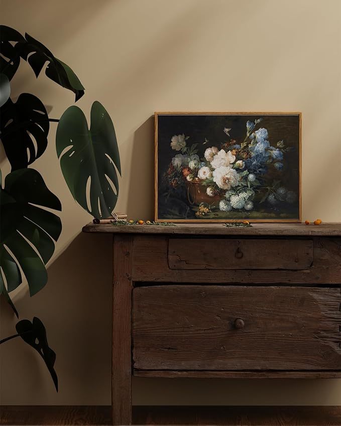 ARPEOTCY Vintage Framed Canvas Wall Art, Bathroom Hydrangea Peonies Floral Pictures Prints Retro Wall Decor, Farmhouse Moody Bedroom Living Room Flower Paintings, 12x16 Inch