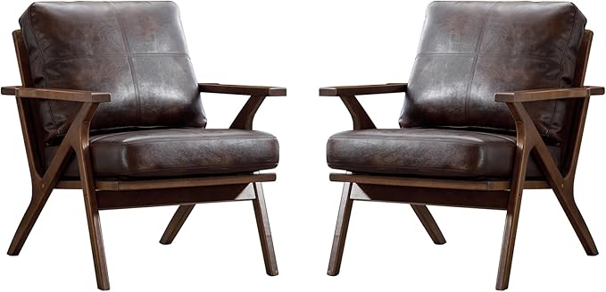Bonzy Home Mid Century Modern Chair, PU Leather Accent Chairs Set of 2, Armchair with Solid Wood Frame & Removable Cushions, Comfy Retro Leisure Chair Reading Chair for Living Room, Bedroom