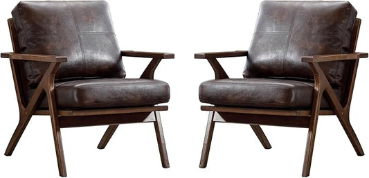 Bonzy Home Mid Century Modern Chair, PU Leather Accent Chairs Set of 2, Armchair with Solid Wood Frame & Removable Cushions, Comfy Retro Leisure Chair Reading Chair for Living Room, Bedroom