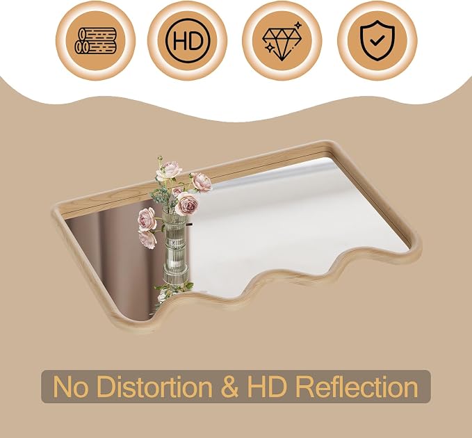 ULIKE Wavy Mirror for Wall, Rustic Wood Mirror for Bathroom Vanity, 24x36 Wooden Wall Mirrors Decorative for Bedroom, Living Room, Entryway, Natural