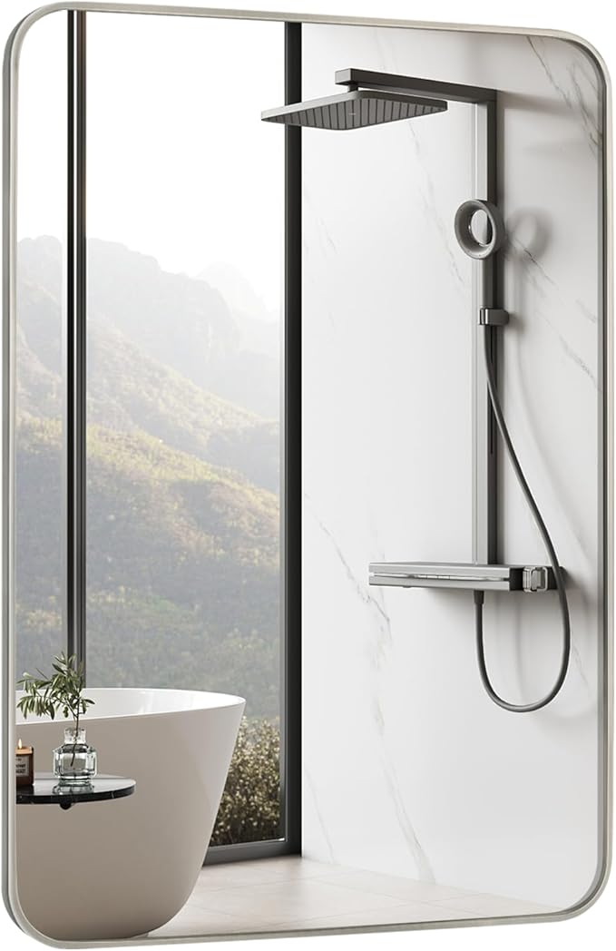 Bathroom Mirror Brushed Nickel, 28 x 36 Inch Metal Frame Rectangle Mirror Rounded Silver Modern Vanity Mirror Anti-Rust for Bathroom, Farmhouse Wall Mounted Vertically/Horizontally