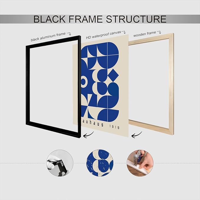 Vintage Bauhaus 1919 Geometric Framed Poster Blue And White Geometric Composition Canvas Wall Art Minimalist Abstract Prints Painting For Home Bedroom Dorm Wall Decor 16x24in Framed