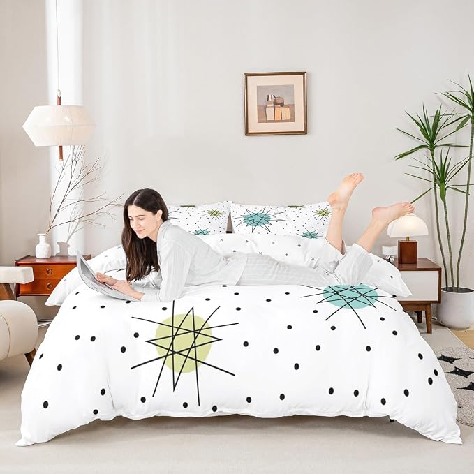 Erosebridal Geometric Polka Dots Duvet Cover Queen Modern Mid Century Bedding Set, Boho Minimalism Comforter Cover Hippie Atomic Bed Set, 1950s Old Fashion Bedding Super Cozy 3pcs (Zipper Closure)