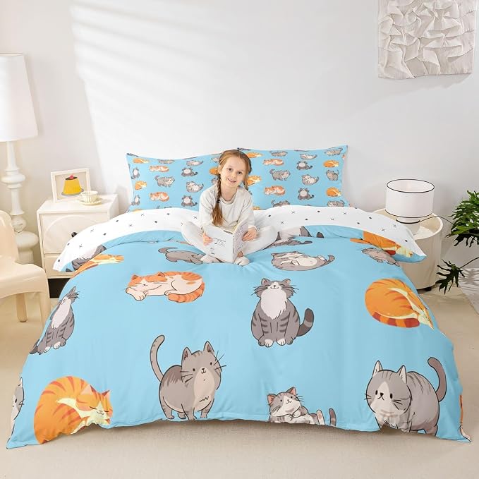 Erosebridal Cats Bedding Set Twin Cute Kitten Duvet Cover Cartoon Pets Animals Comforter Cover for Kids Girls Boys Adults Funny Cat Bed Set Blue