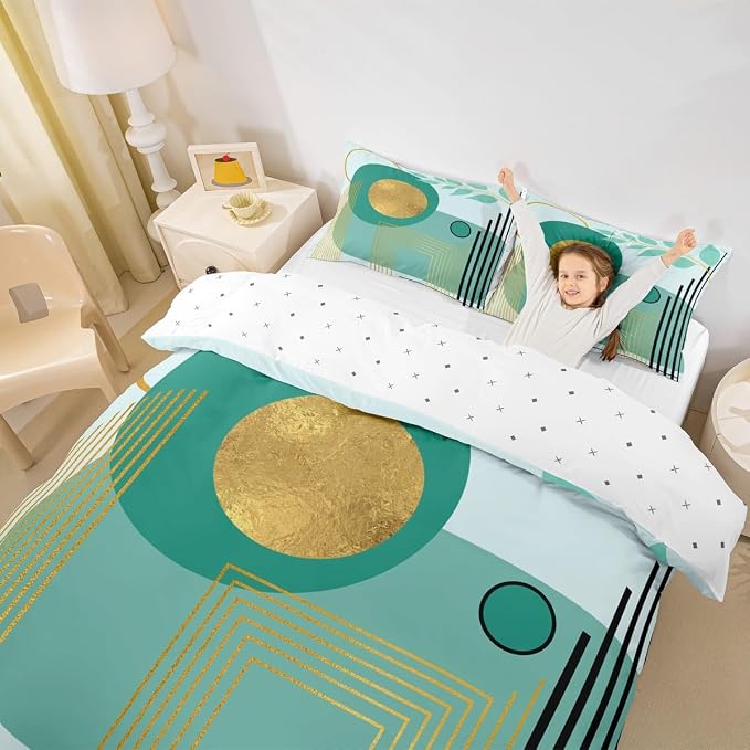 Erosebridal Boho Mid Century Duvet Cover Toddler Size Turquoise Neutral Modern Comforter Cover Geometric Abstract Bedding Set Minimalist Aesthetic Bed Set