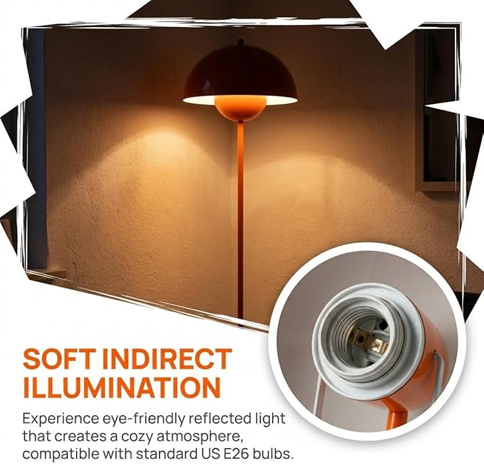 COSYLUX Modern Floor Lamp for Living Room, Industrial Tall Standing Lamp for Bedroom, Metal Shade Reflecting Light Reading Floor Lamp for Office, Nursery Room, Corner(Pastel Orange)