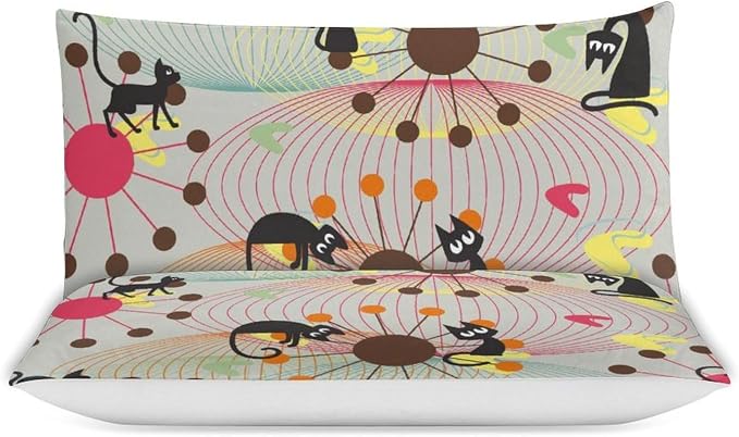 Mid Century Duvet Cover Sets Vintage Black Cat Modern Style Printed Lightweight Soft Quilt Cover Abstract Geometric Minimalist Soft Microfiber 3 Piece (1 Duvet Cover 90x90in + 2 Pillow Sham 20x30in)