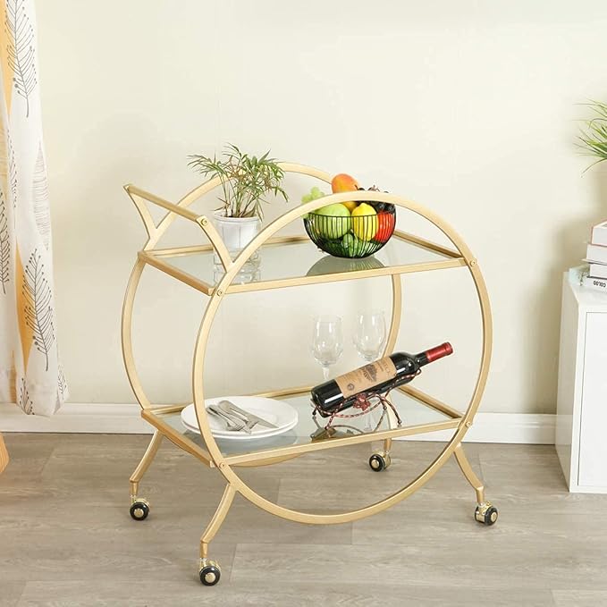 MAIKAILUN Bar Cart with 2 Mirrored Shelves, Modern Metal Bar Serving Cart with Locking Caster Wheels and Handle, Gold Round Bar Carts for The Home,Kitchen,Club,Living Room(28.34''W14.96''D31''H)