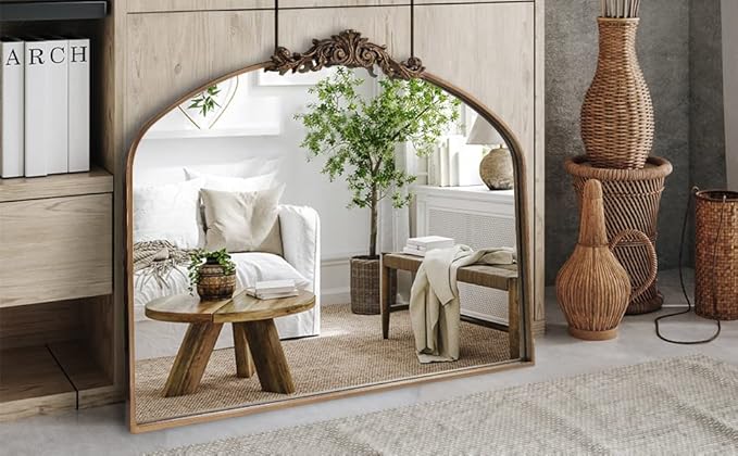 Gold Arched Mirror,Baroque Brass Fireplace Mirror Decor, Victorian Vintage Mirrors with Full Matel Frame,Ornate Mirrors for Entryway/Bathroom/Living Room/Hallway 36"X30"