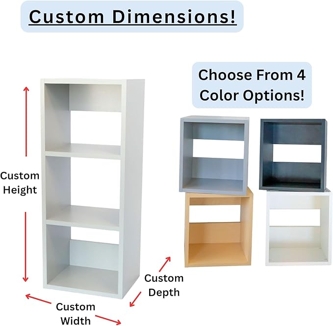 Custom Sized 3-Cube Cubby; Choose color, width, depth, and height. Units are 3/4 inch thick premium grade melamine for strong, solid unit. Easy assembly. Place on the floor or mount on a wall.