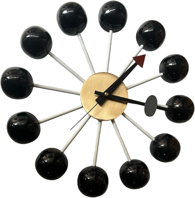 Mid Century Modern Ball Clock – George Nelson Style Wooden Wall Clock, Retro Starburst Design, Silent Non-Ticking Decorative Wall Decor for Living Room, Office, Kitchen & Home (Black, 18 Inch)