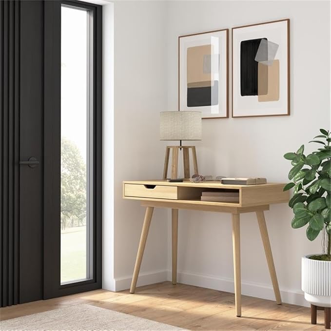 Bush Home Nora 40W Writing Desk in Natural Oak | Compact Writing Table with Storage, Workstation for Home Office or Study Room