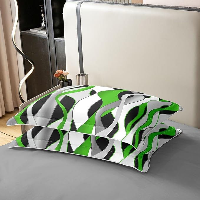 Erosebridal Green Grey Black Bedding Set Full Geometric Spiral Striped 100% Cotton Duvet Cover Waves Abstract Art Comforter Cover for Kids Teens Adults Modern Fashion Bed Set 3 Pcs