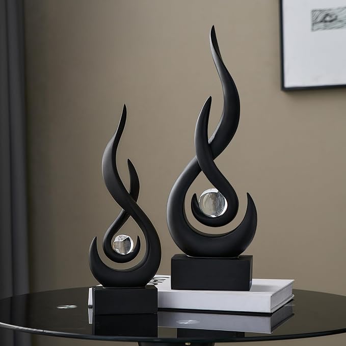 FJS Black Flame Statue, 11.8" Abstract Resin Sculpture for Modern Home Decor, Minimalist Art Figurine for Shelf Coffee Table Centerpiece