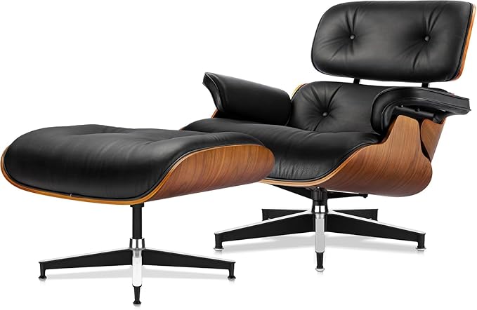 Mid Century Chaise Lounge Chair with Ottoman, Top Black Grain Leather, Modern Office Chair Classic Design, Heavy Duty Base Support for Living Room Study Lounge Office