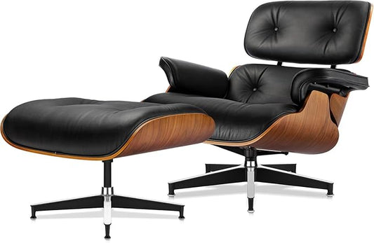 Mid Century Chaise Lounge Chair with Ottoman, Top Black Grain Leather, Modern Office Chair Classic Design, Heavy Duty Base Support for Living Room Study Lounge Office