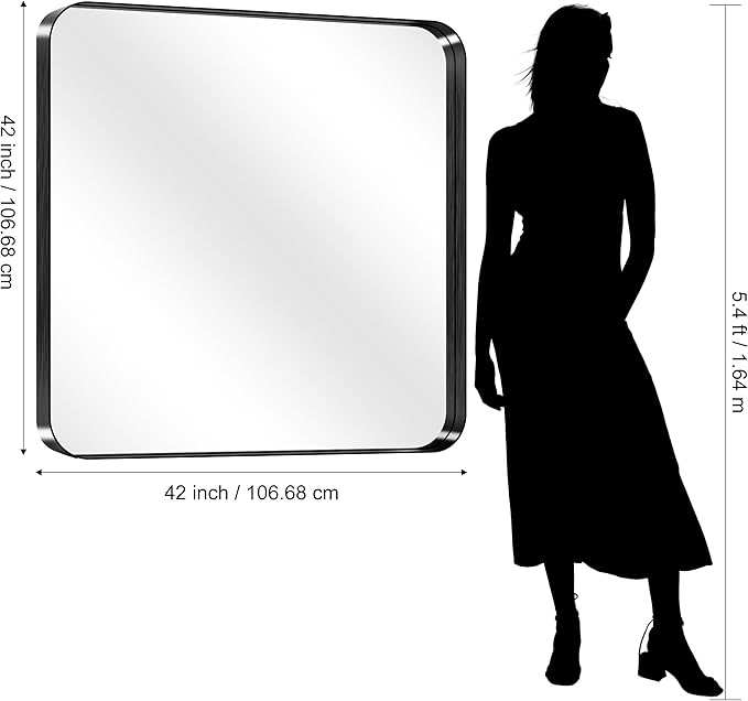 CIRCUMI Black Bathroom Mirror, 42"x42" Rectangular Mirror with Deep Metal Frame, Rounded Corner, Tempered Glass, Mirror for Wall, Oversink, Bedroom, Installed Vertically/Horizontally, Crystal-Clear