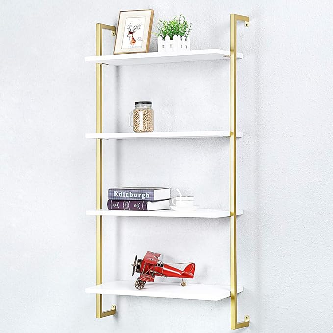 Industrial Metal Wall Shelf,Floating Wood Shelves Wall Mounted,24in Iron Real Wood Book Shelves,4 Tier Bookshelf Shelving