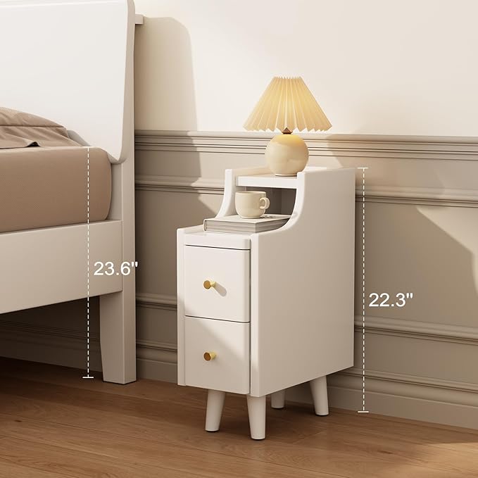 Narrow Nightstand with 2 Drawers,White Nightstand,Bedside Table,Solid Wood Modern Bedside Table for Bedroom,Study,Toilet