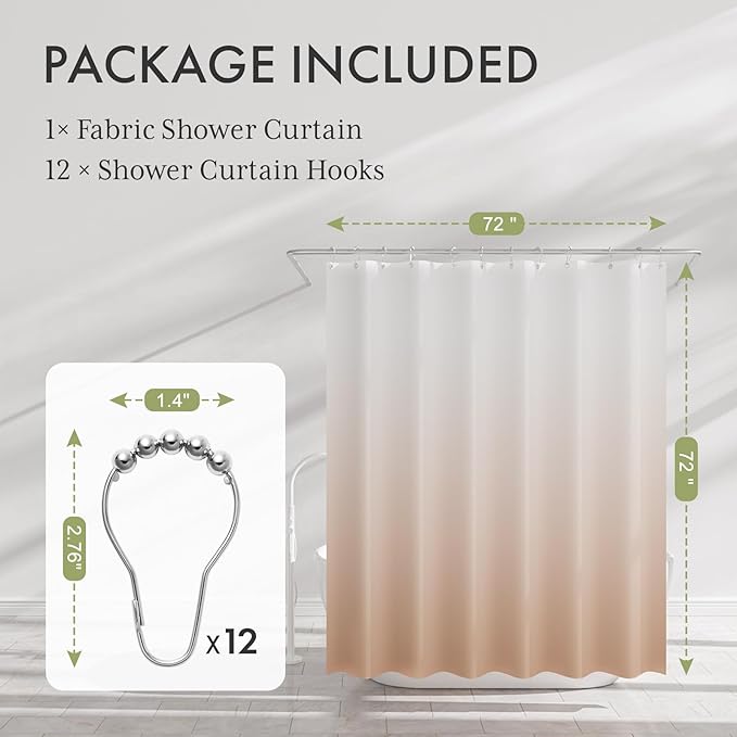 AmazerBath Fabric Shower Curtain, Cloth Khaki Shower Curtain Set with 12 Hooks, Washable Fabric Ombre Khaki and White Shower Curtain, Rustic Modern Bathroom Shower Curtain, 72x72 Inches