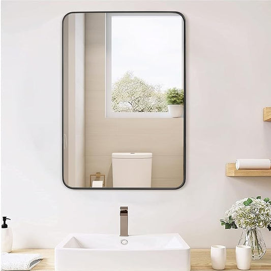 Black Bathroom Mirror 30X42 Inch Rounded Rectangle Wall Mirror Stainless Steel Metal Frame Vanity Mirror Anti-Rust for Entryway, Bathroom, Vanity, Living Room Hangs Vertically or Horizontally