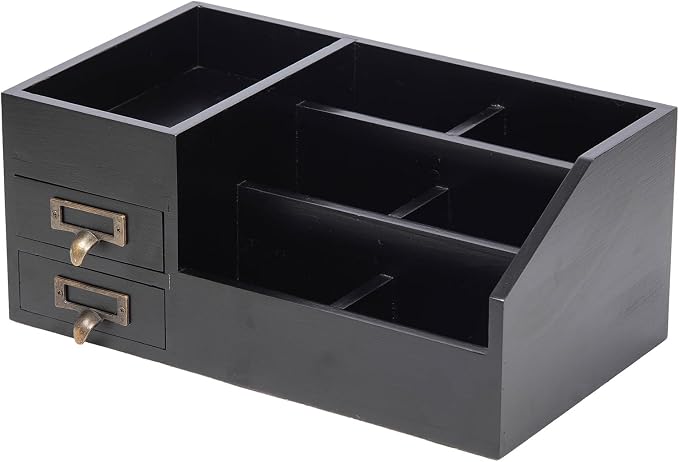 Distressed Rustic Wooden Office Desktop Organizer Wood Shelf Tabletop Home Organizer Storage with Multiple Compartments 2 Tier Drawers,perfect Jewelry storage Display Box for Desk, Vanity (Black)