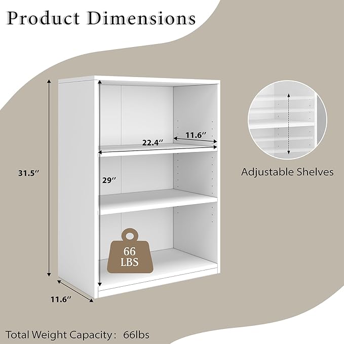 Wooden 3-Tier Bookshelf, Adjustable Open Storage Shelf Unit, 31.5" Tall Bookcase（White）